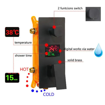 Matte black solid brass shower faucet set with digital led display showing temperature and time for bathroom use