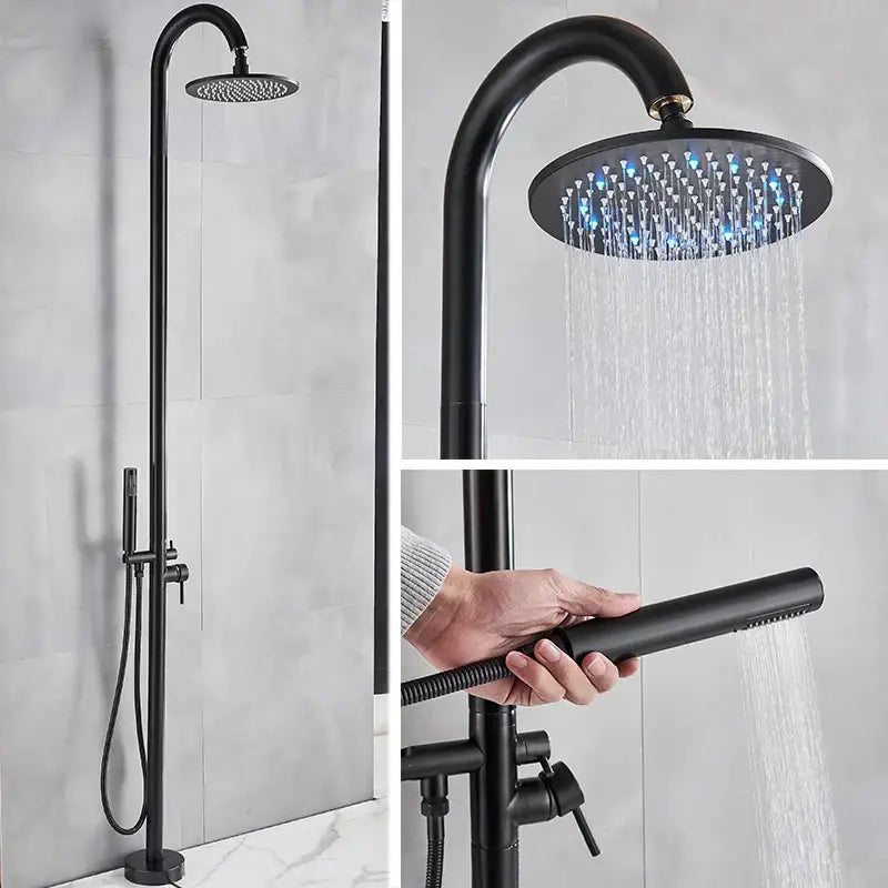 Matte black led rainfall outdoor shower set with circular rainhead and handheld spray nozzle featuring blue led lighting