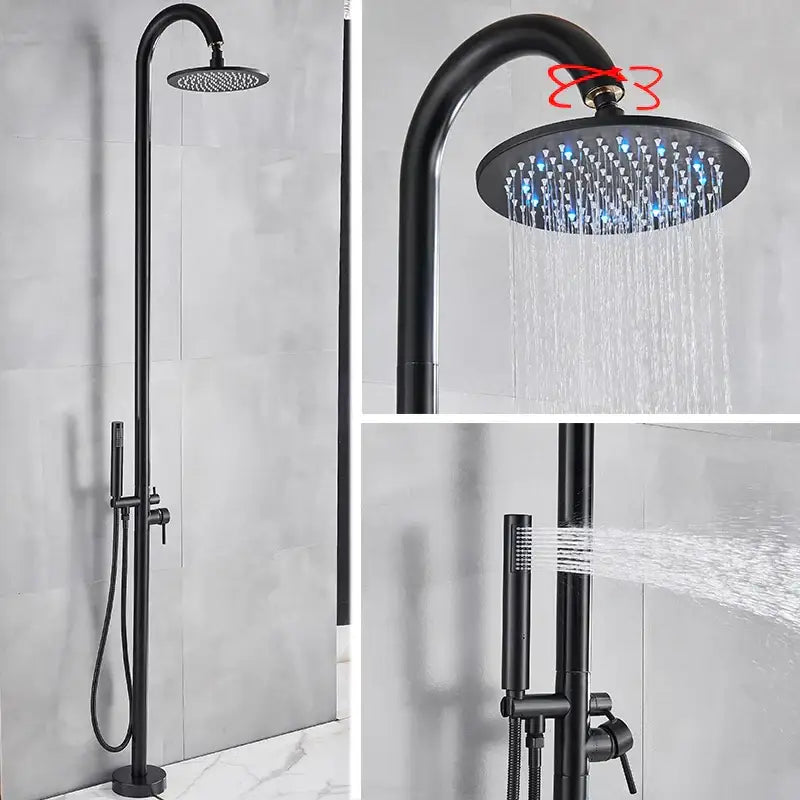 Matte black led rainfall outdoor shower set with black matte finish, circular rainhead, handheld spray, and blue led lighting