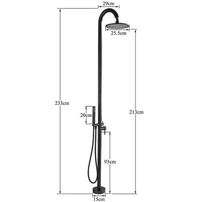 Matte black led rainfall outdoor shower set with black matte freestanding shower system and curved arm circular rainhead
