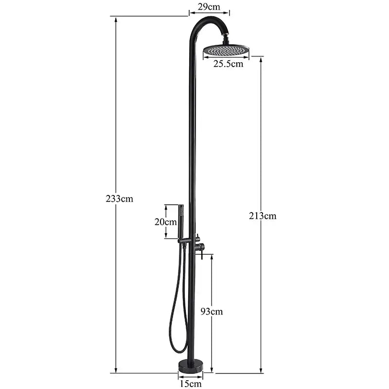 Matte black led rainfall outdoor shower set with black matte freestanding shower system and curved arm circular rainhead