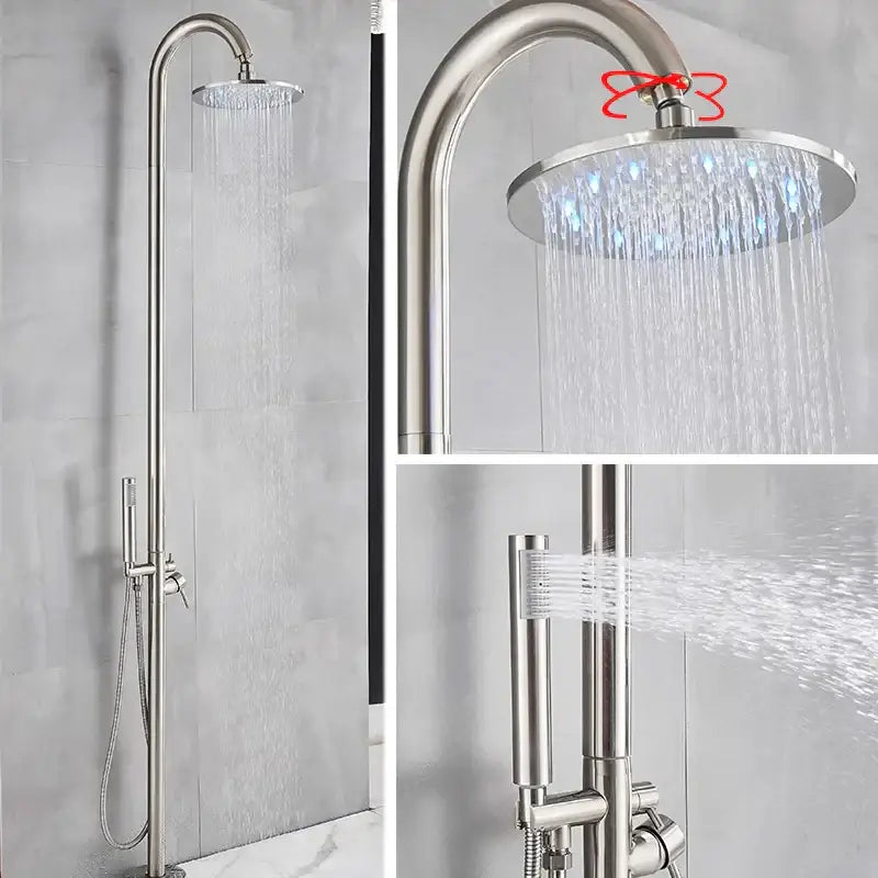 Matte black outdoor shower set featuring stainless steel rain shower head with blue led lighting and adjustable spray settings