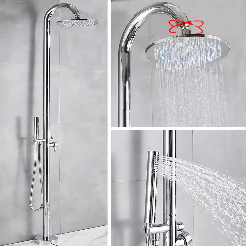 Chrome finished modern rainfall showerhead with integrated led lighting and curved design in matte black outdoor shower set
