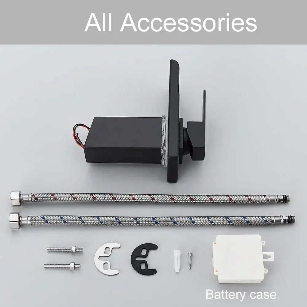 Matte black led waterfall basin faucet motor assembly with metallic braided hoses and mounting hardware for decorbites led waterfall basin