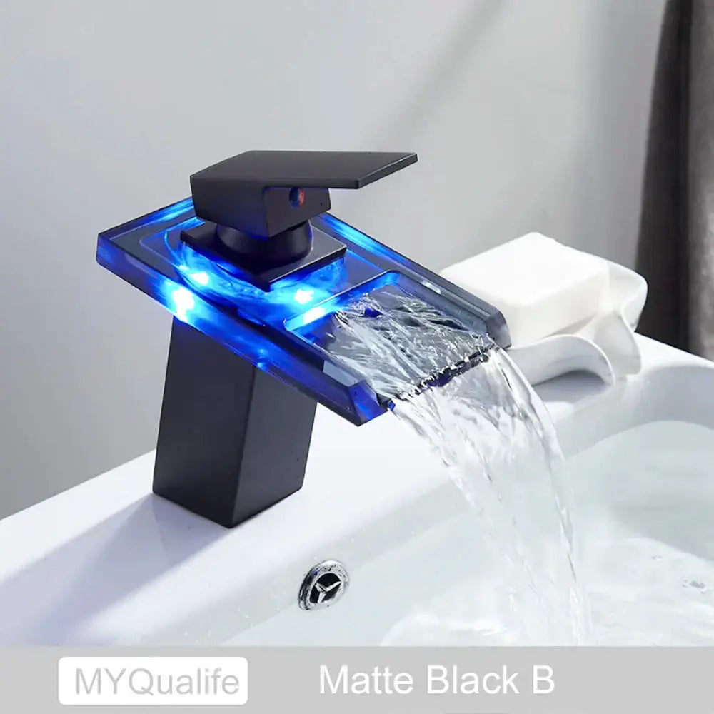 Matte black led waterfall basin faucet with blue led lighting and modern rectangular design by decorbites led waterfall