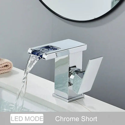 Chrome-finished led waterfall basin faucet with sleek modern design featuring decorbites led waterfall lighting
