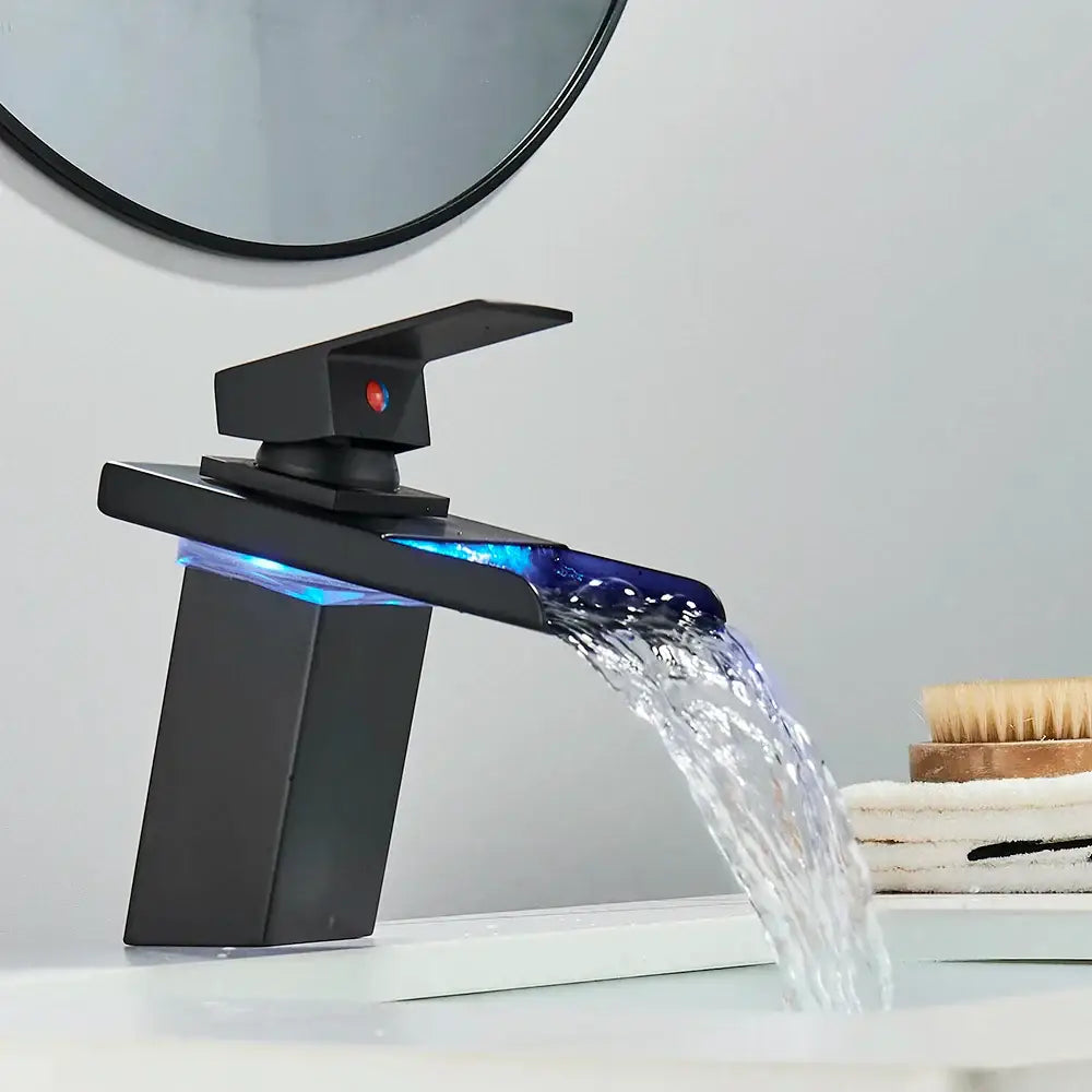 Matte black led waterfall basin faucet with blue led lighting and matte finish for bathroom decorbites led waterfall glass fixture
