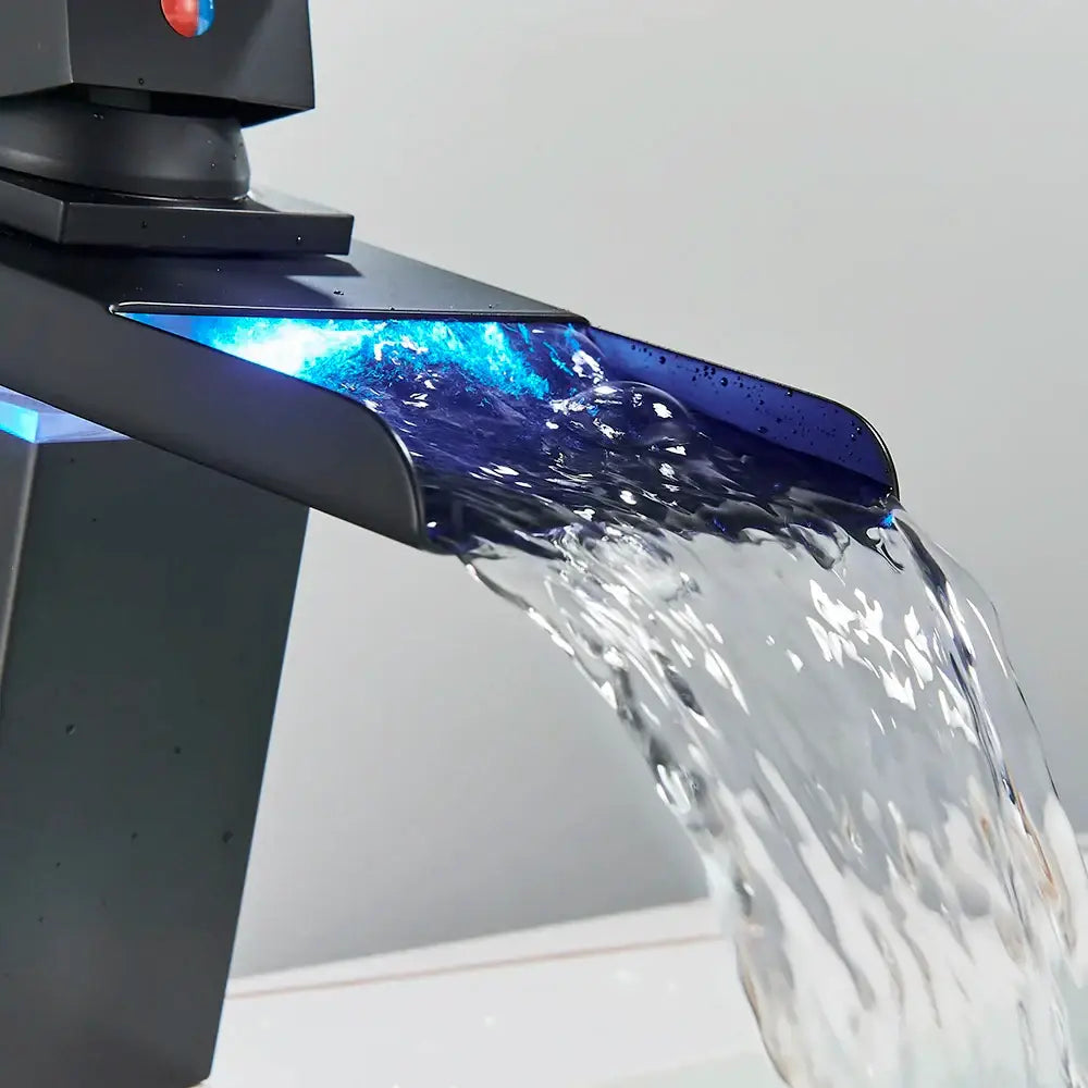 Matte black led waterfall basin faucet with blue led lighting and glass fixture for modern bathroom decorbites led waterfall design