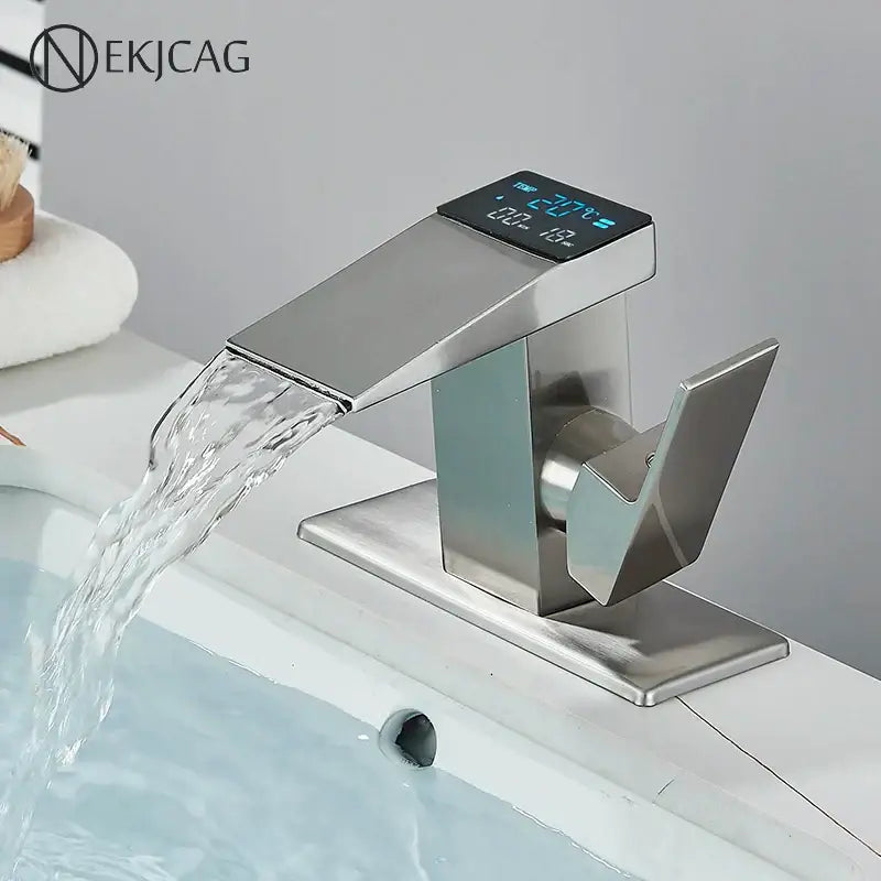 Matte black led waterfall basin faucet with digital temperature display and brushed stainless steel finish for bathroom decorbites led waterfall use