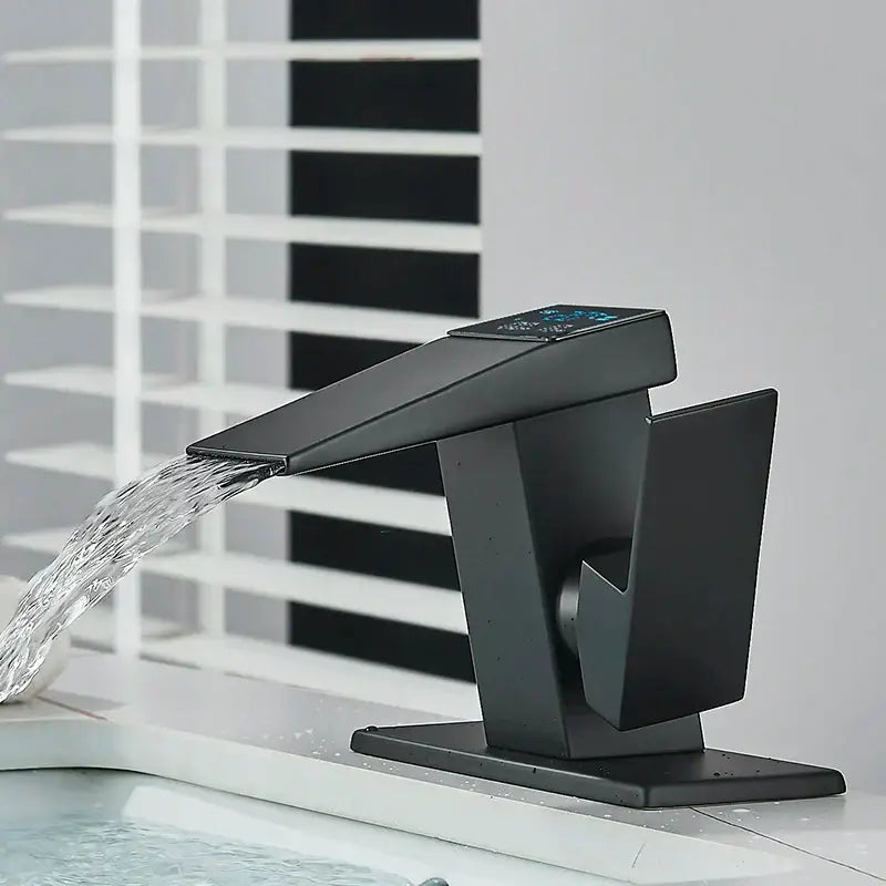 Modern matte black led waterfall basin faucet with sleek angular design and digital temperature display by decorbites led waterfall