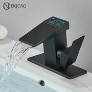 Matte black led waterfall basin faucet with sleek waterfall spout and illuminated temperature display for bathroom decorbites led waterfall