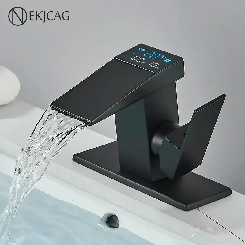 Matte black led waterfall basin faucet with sleek waterfall spout and illuminated temperature display for bathroom decorbites led waterfall
