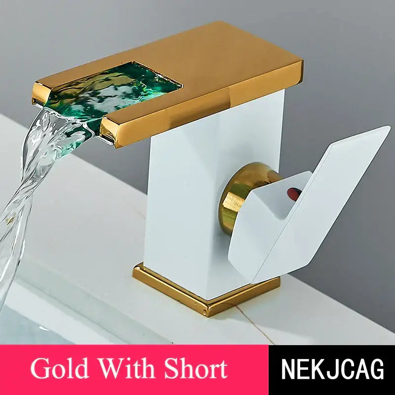 Matte black led waterfall basin faucet with temperature display featuring gold-accented ceramic body and green glass spout