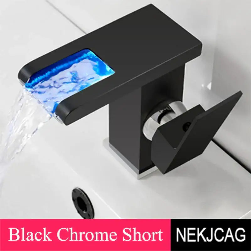 Matte black led waterfall basin faucet with black chrome rectangular spout and illuminated blue decorbites led waterfall feature