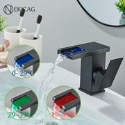 Matte black led waterfall basin faucet with rectangular spout and decorbites led waterfall temperature display