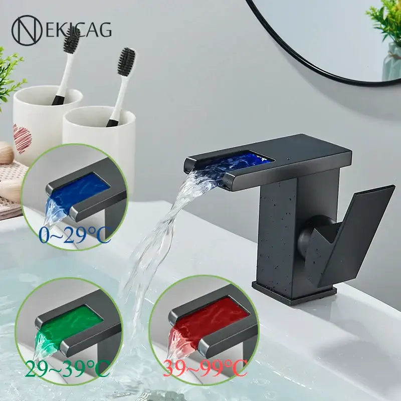 Matte black led waterfall basin faucet with rectangular spout and decorbites led waterfall temperature display