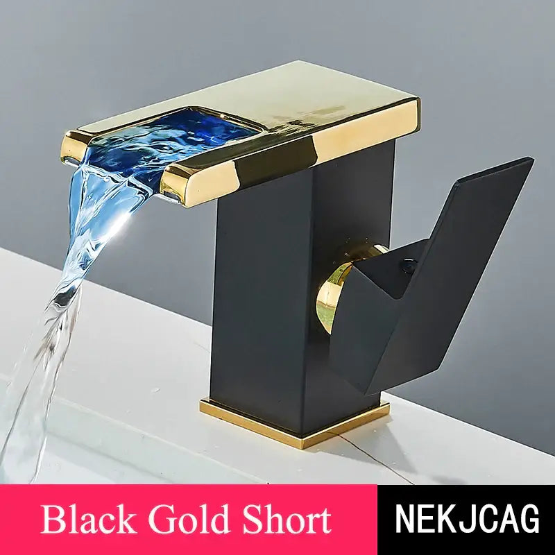 Matte black led waterfall basin faucet with gold rectangular spout cascades clear water for decorbites led waterfall use