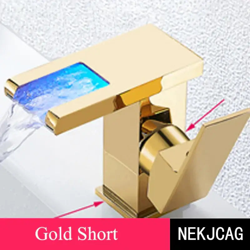Matte black led waterfall basin faucet with temperature display featuring a gold rectangular decorbites led waterfall panel