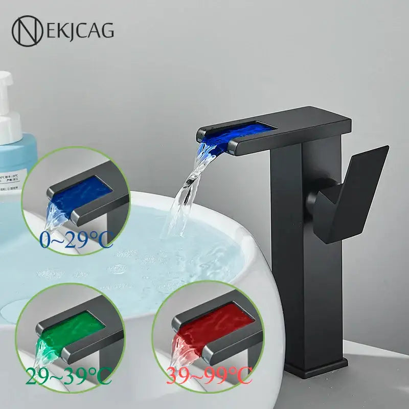 Matte black led waterfall basin faucet with blue illuminated spout and temperature display decorbites led waterfall