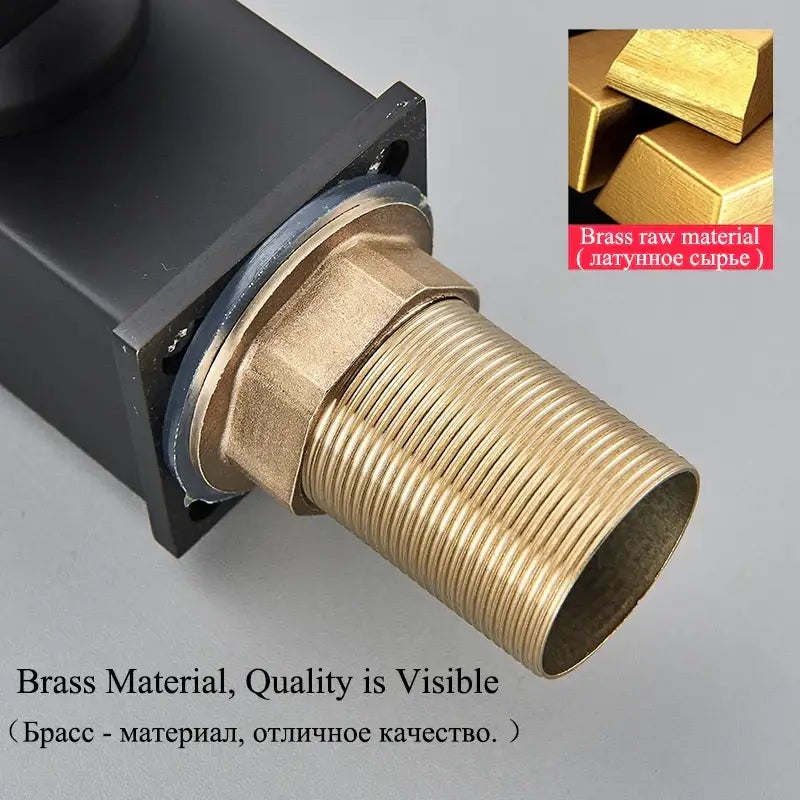 Golden brass threaded pipe fitting with hexagonal nut mounted on black housing of matte black led waterfall basin faucet decorbites led waterfall