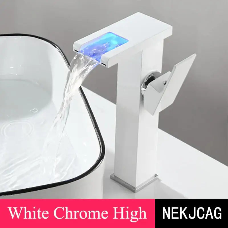 Matte black led waterfall basin faucet with temperature display and white chrome high-arc basin faucet with blue led light