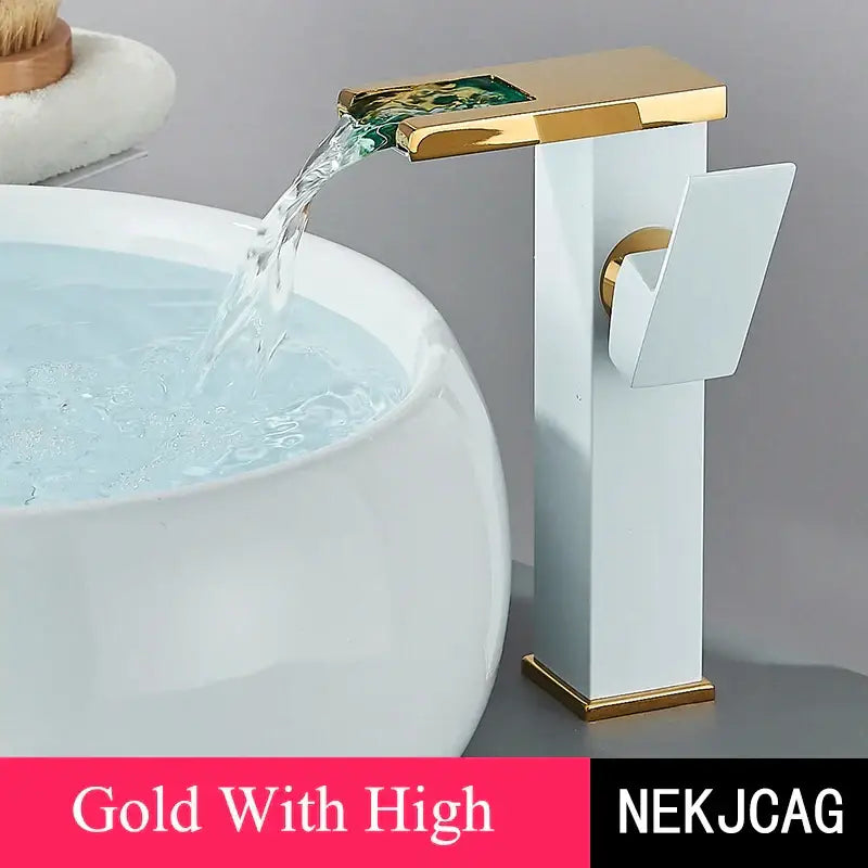 Matte black led waterfall basin faucet with gold-accented rectangular spout and green gold mosaic decorbites led waterfall design