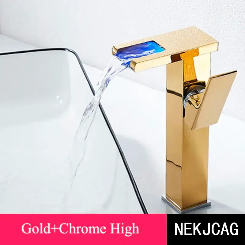 Matte black led waterfall basin faucet with gold and chrome waterfall spout and blue inlaid decorbites led waterfall accent