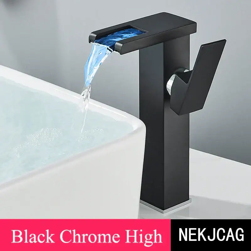 Matte black led waterfall basin faucet with rectangular spout cascading water for decorbites led waterfall basin use
