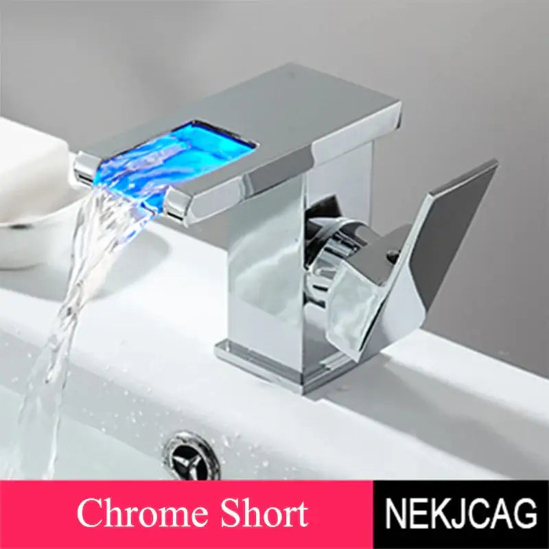 Chrome-finished short basin faucet with rectangular spout and integrated blue led panel decorbites led waterfall basin faucet