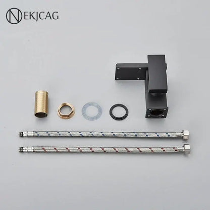 Matte black led waterfall basin faucet with temperature display and two braided metal hoses with silver and red pattern