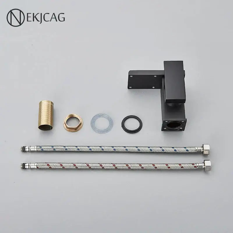 Matte black led waterfall basin faucet with temperature display and two braided metal hoses with silver and red pattern