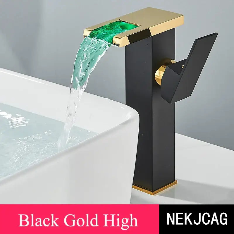 Matte black led waterfall basin faucet with temperature display featuring a black and gold design and green illuminated water decorbites led waterfall basin