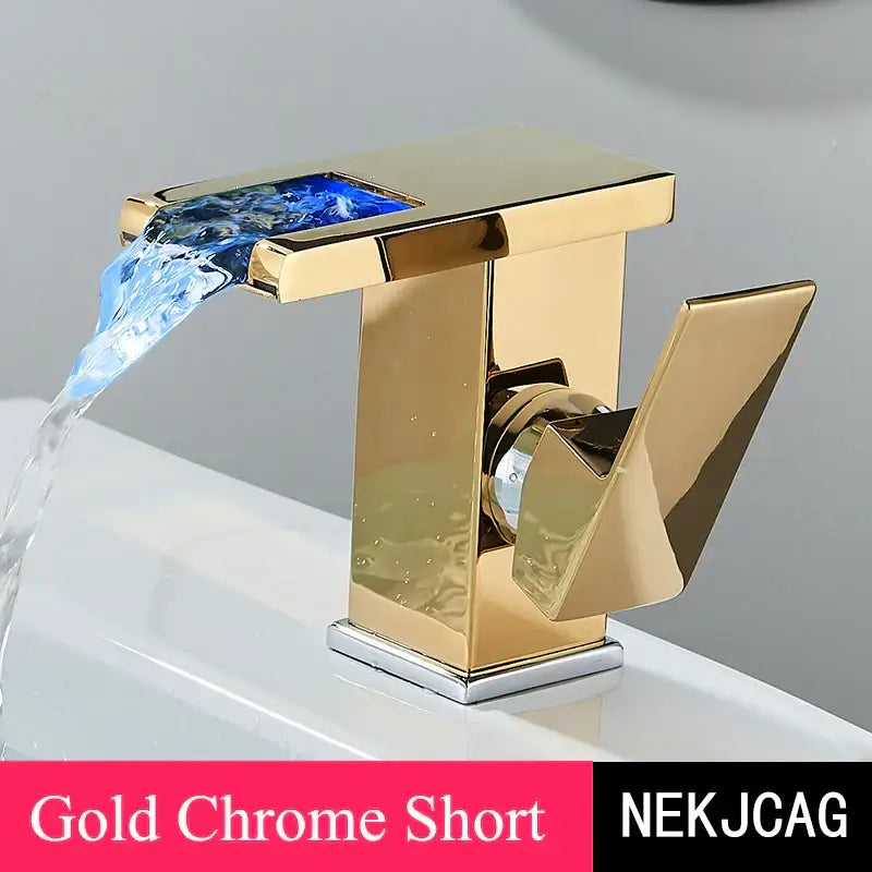 Matte black led waterfall basin faucet with gold chrome short spout and blue led lighting for decorbites led waterfall design