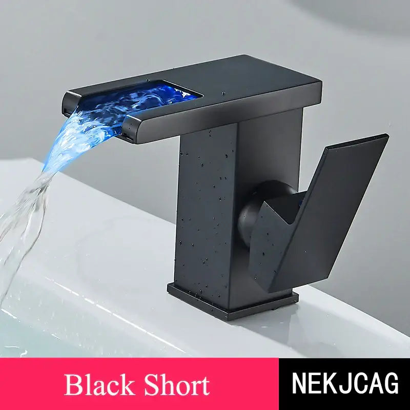 Matte black led waterfall basin faucet with temperature display and blue led lighting by decorbites led waterfall basin