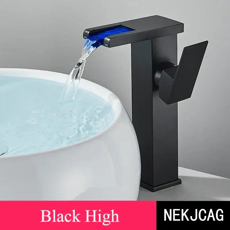 Matte black led waterfall basin faucet with blue accent panel and temperature display for kitchen by decorbites led waterfall
