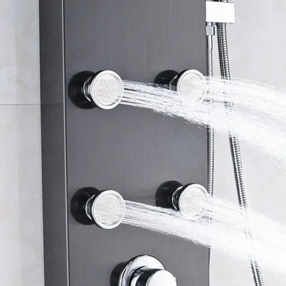 Modern matte black shower panel with chrome accents and multiple black massage jets for decorbites black massage use