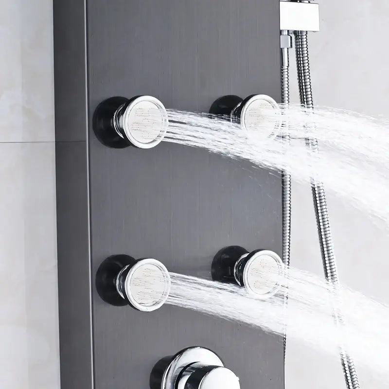 Modern matte black shower panel with chrome accents and multiple black massage jets for decorbites black massage use