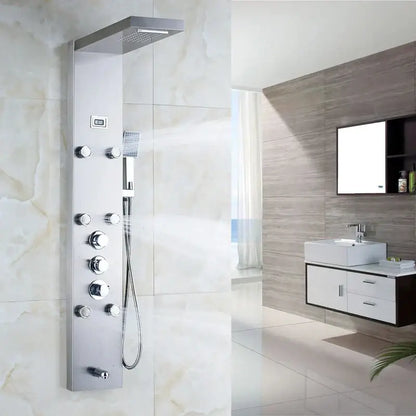 Matte black shower panel with chrome rainfall shower system, multiple control knobs, and black massage jets for decorbites
