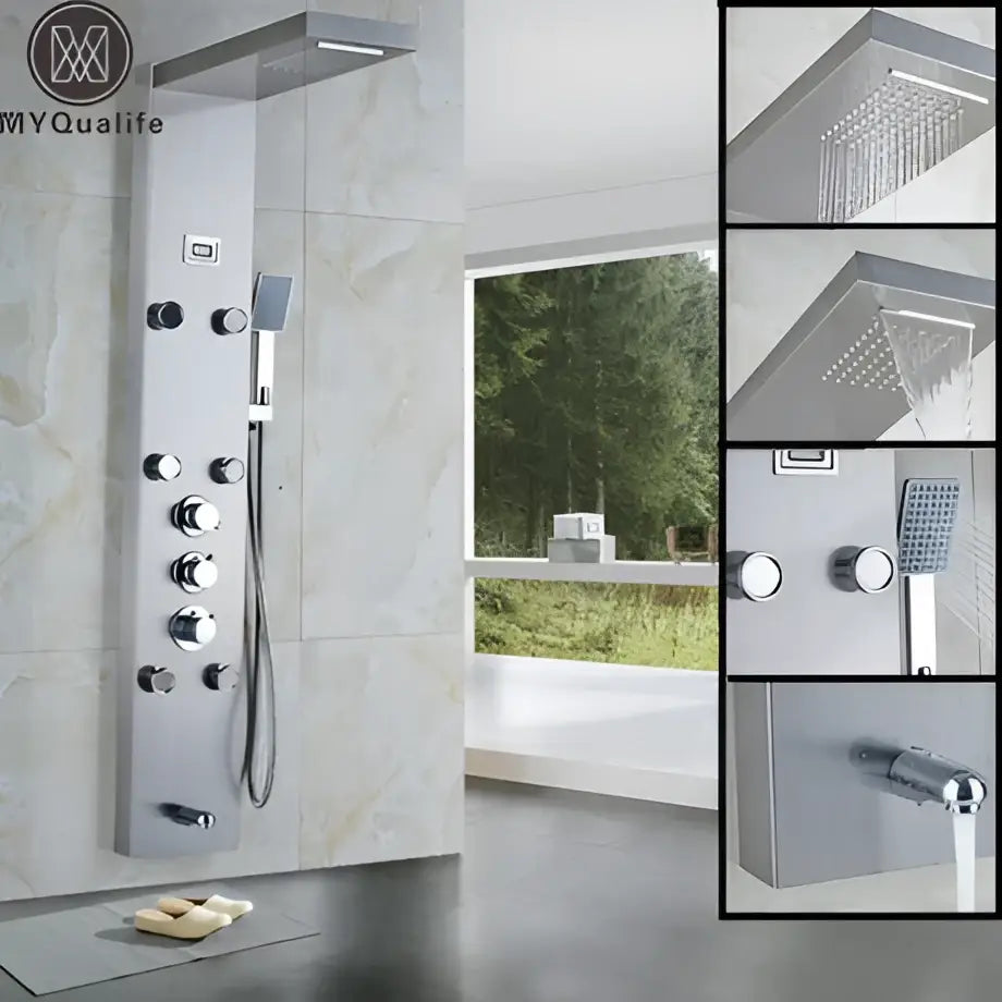 Matte black shower panel with chrome-finished black massage jets and multiple control knobs for bathroom decorbites use