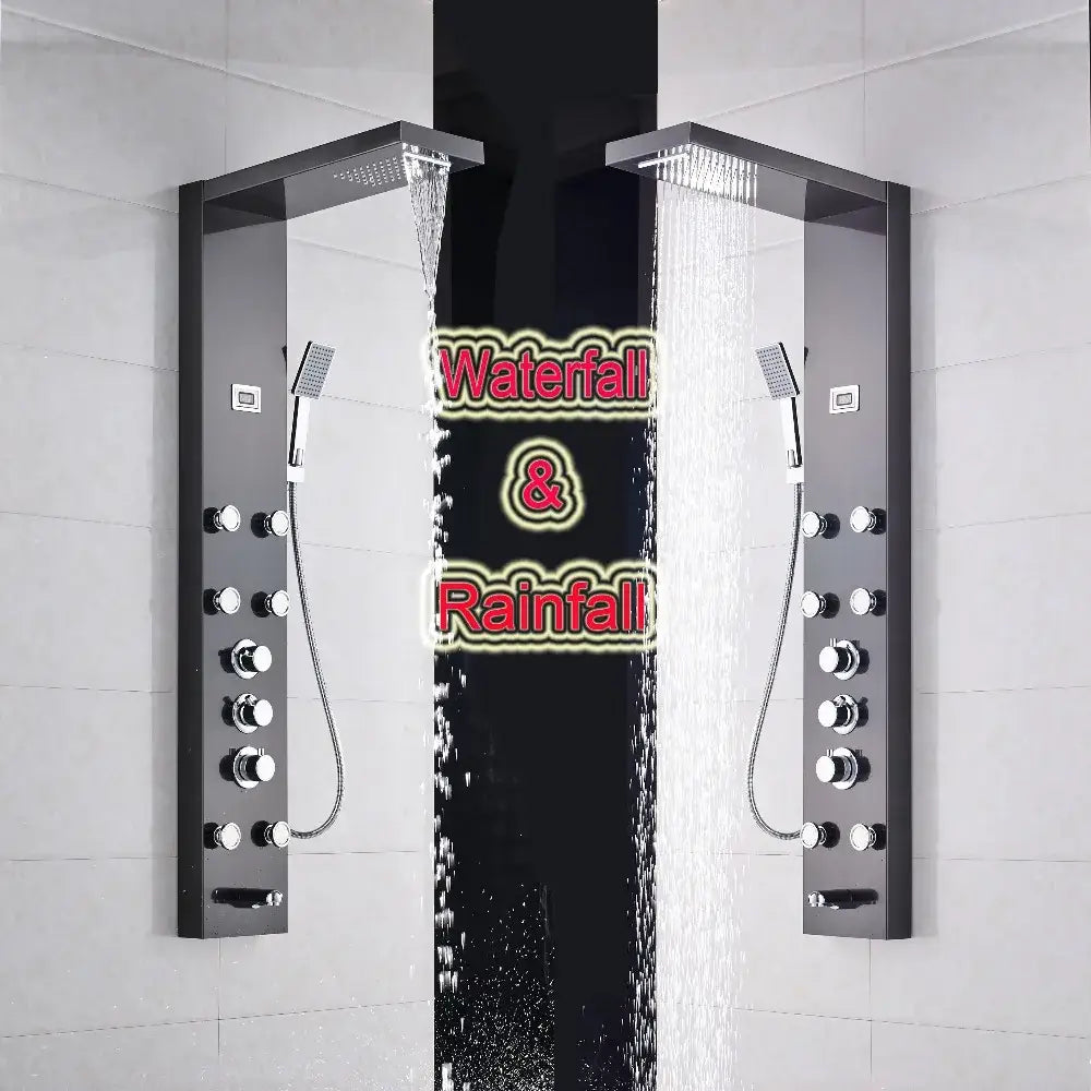 Matte black massage jets shower panel with waterfall and rainfall heads chrome control knobs and handheld shower decorbites black massage