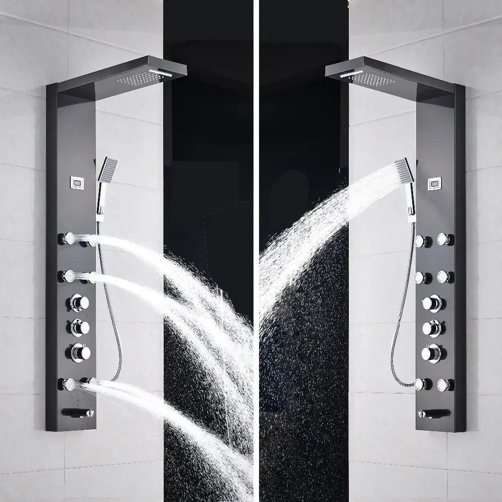 Matte black massage jets shower panel with black chrome finish thermostatic mixer and multiple spray nozzles decorbites black massage