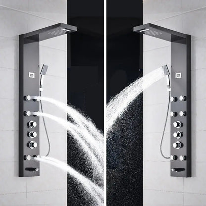 Matte black massage jets shower panel with black chrome finish thermostatic mixer and multiple spray nozzles decorbites black massage