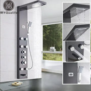 Matte black massage jets shower panel with chrome knobs and handheld showerhead for bathroom thermostatic mixer decorbites black massage