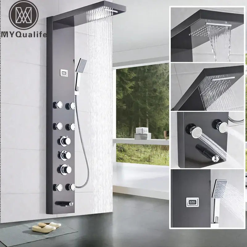Matte black massage jets shower panel with chrome knobs and handheld showerhead for bathroom thermostatic mixer decorbites black massage