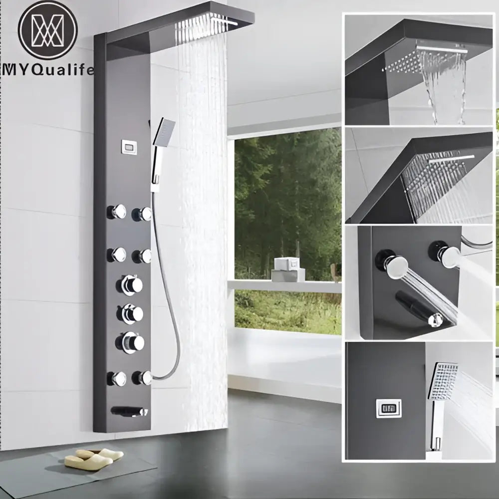 Matte black massage jets shower panel with chrome knobs and rectangular rain showerhead for bathroom decorbites black massage