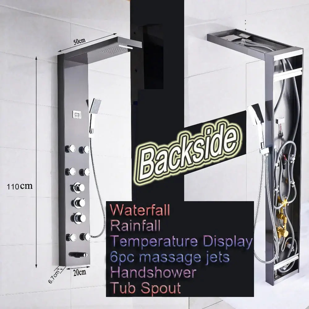 Matte black shower panel with black massage jets, waterfall rainhead, multiple knobs, and temperature display by decorbites