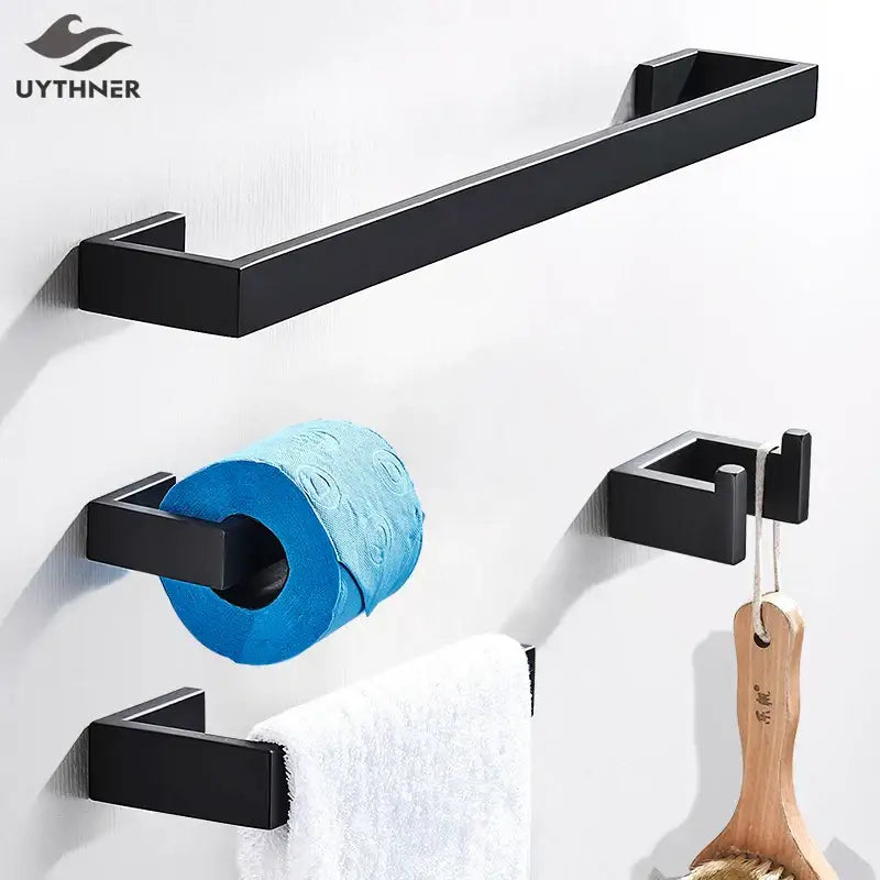 Matte black metal bathroom hardware set by uythner featuring a black matte-finished metal bathroom rack for storage