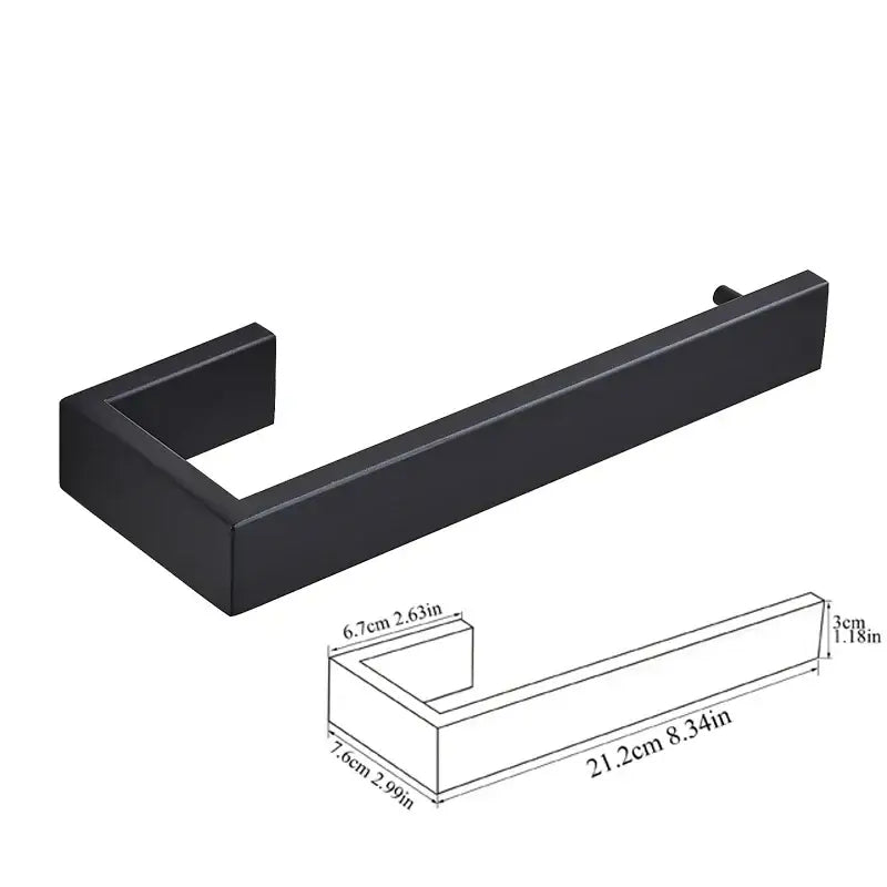 Black matte metal bathroom hardware set featuring a sleek rectangular toilet paper holder for modern storage needs