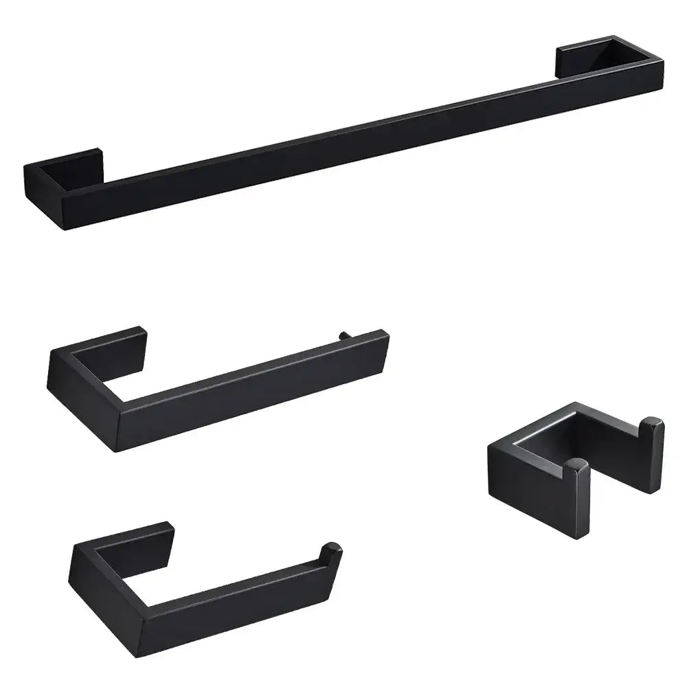 Matte black metal bathroom hardware set with towel bar hooks and toilet paper holder for bathroom storage rack