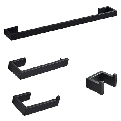 Matte black metal bathroom hardware set with towel bar hooks and toilet paper holder for bathroom storage rack